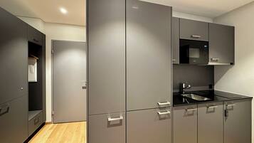 Fridge, microwave, stovetop, espresso maker