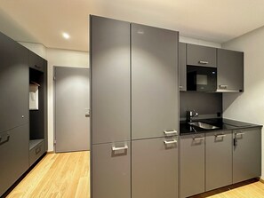 Fridge, microwave, stovetop, espresso maker