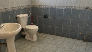 Een badkamer met een wastafel, toilet en douche.