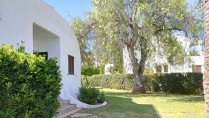 A white building with a curved facade, a small window, and a stone staircase leading to a grassy area with a tree and a hedge. - Toscamar by Interhome (Jávea)