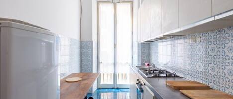 Fridge, oven, dishwasher, cookware/dishes/utensils