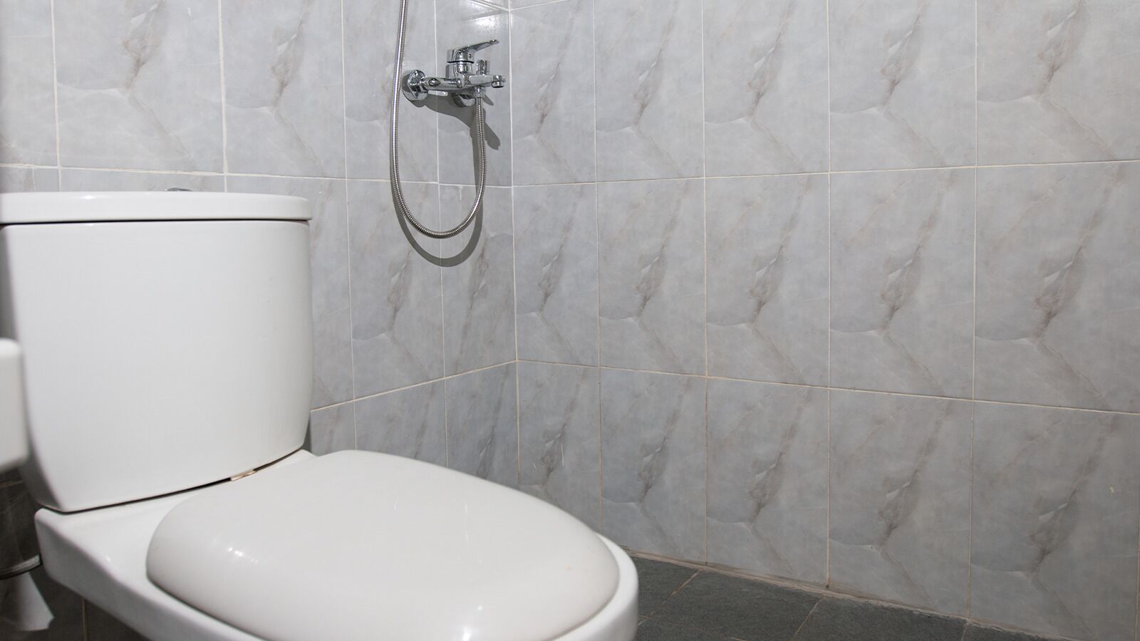 A bathroom with a toilet, a shower, and tiled walls.