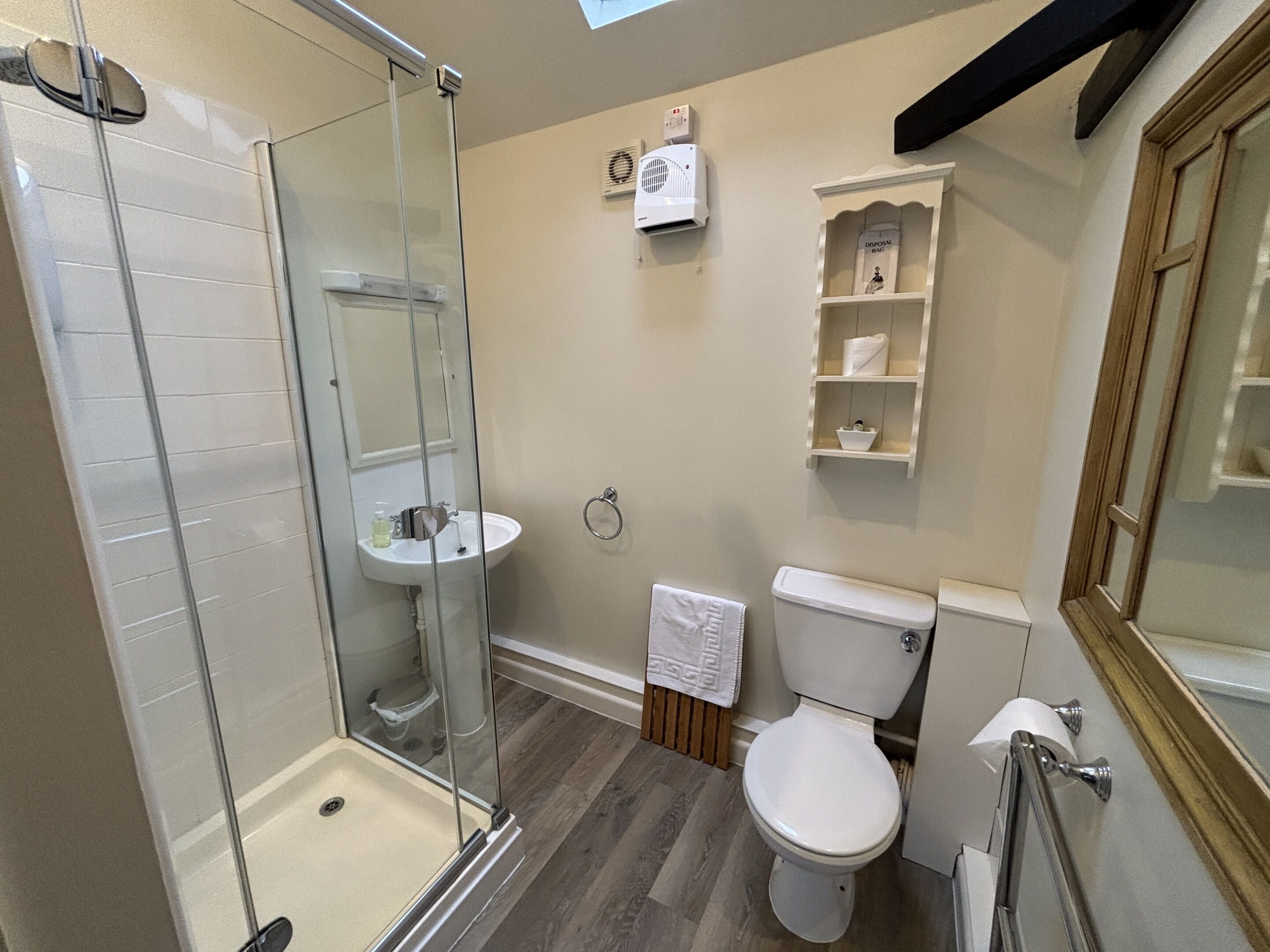 A modern bathroom with a glass shower enclosure, a white sink, and a toilet.