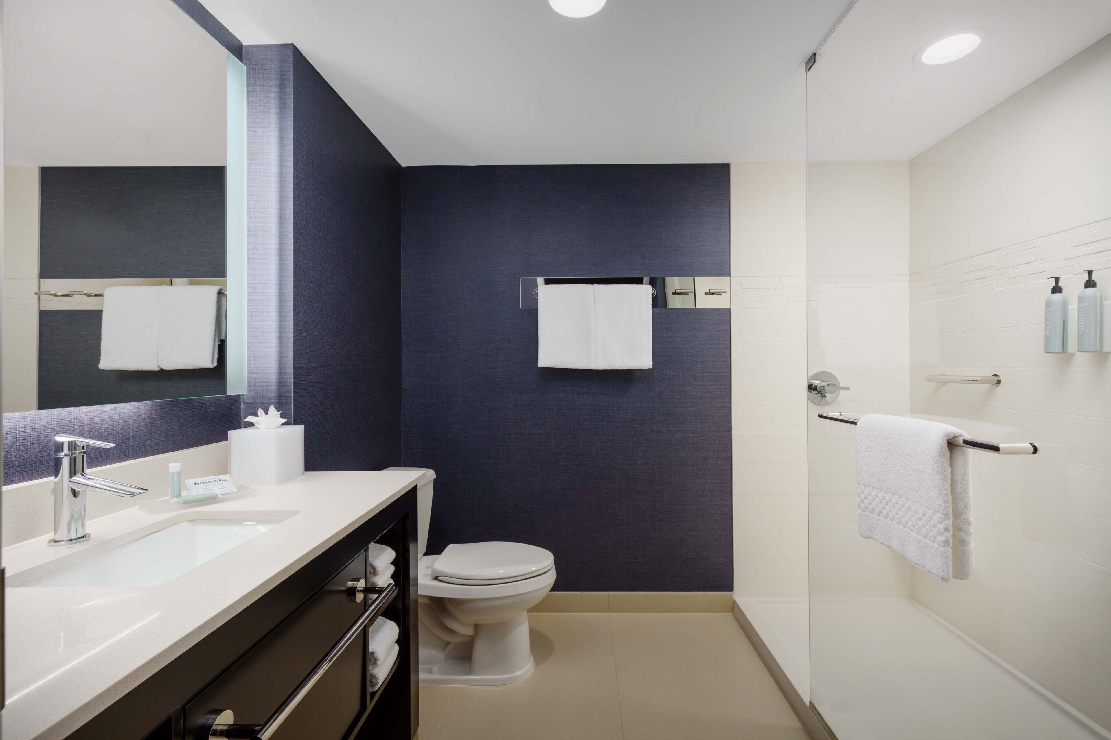 A modern bathroom with a dark blue accent wall, a white sink, a toilet, and a glass shower enclosure.
