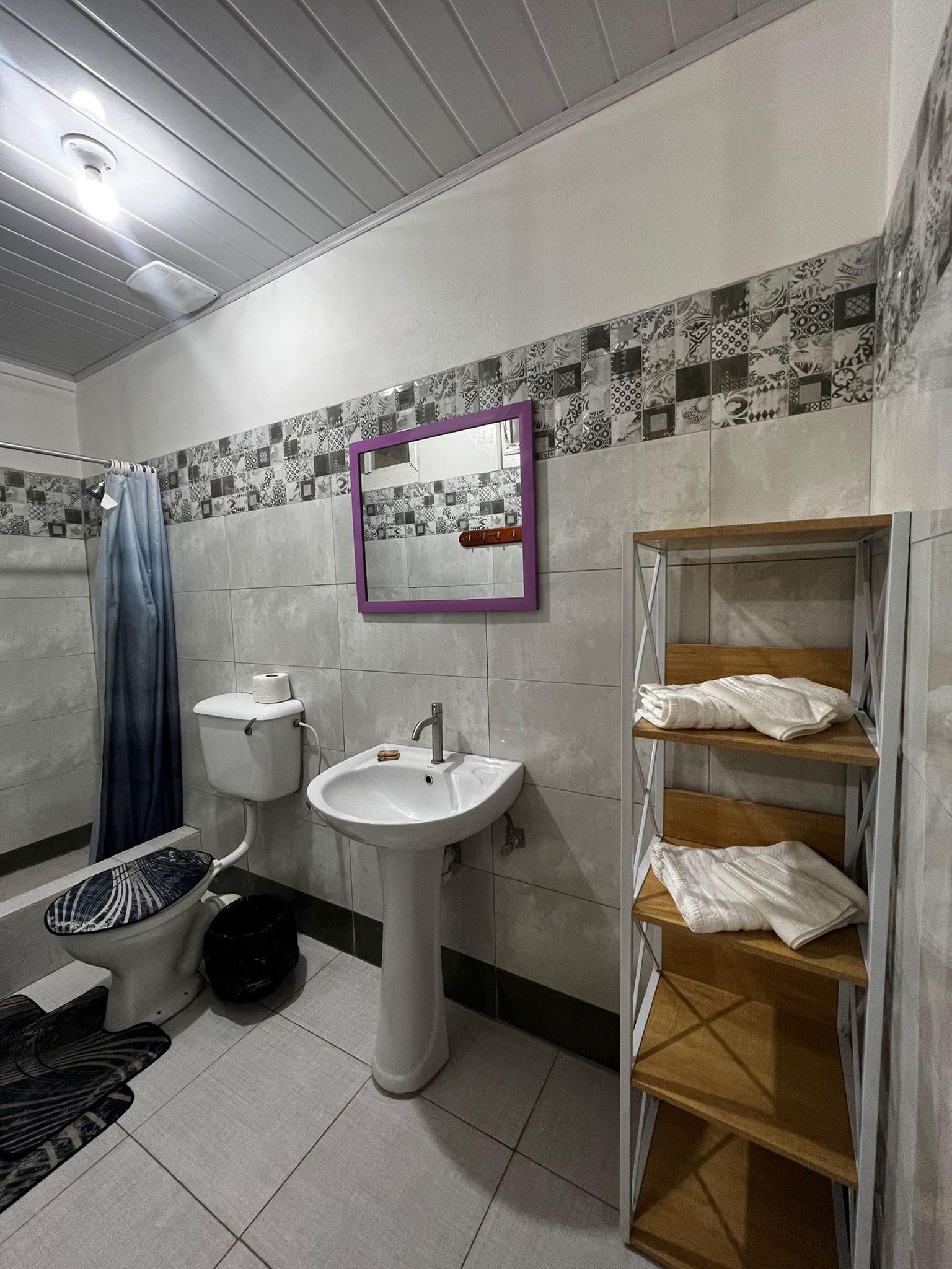 Een badkamer met toilet, wastafel en douche. Er is een spiegel aan de muur en een plank met handdoeken.