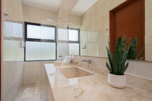 Un baño moderno con un lavamanos grande, una ducha y una planta en maceta.