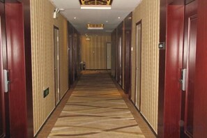 Un pasillo de hotel con puertas a ambos lados, suelo alfombrado y una lámpara en el techo.