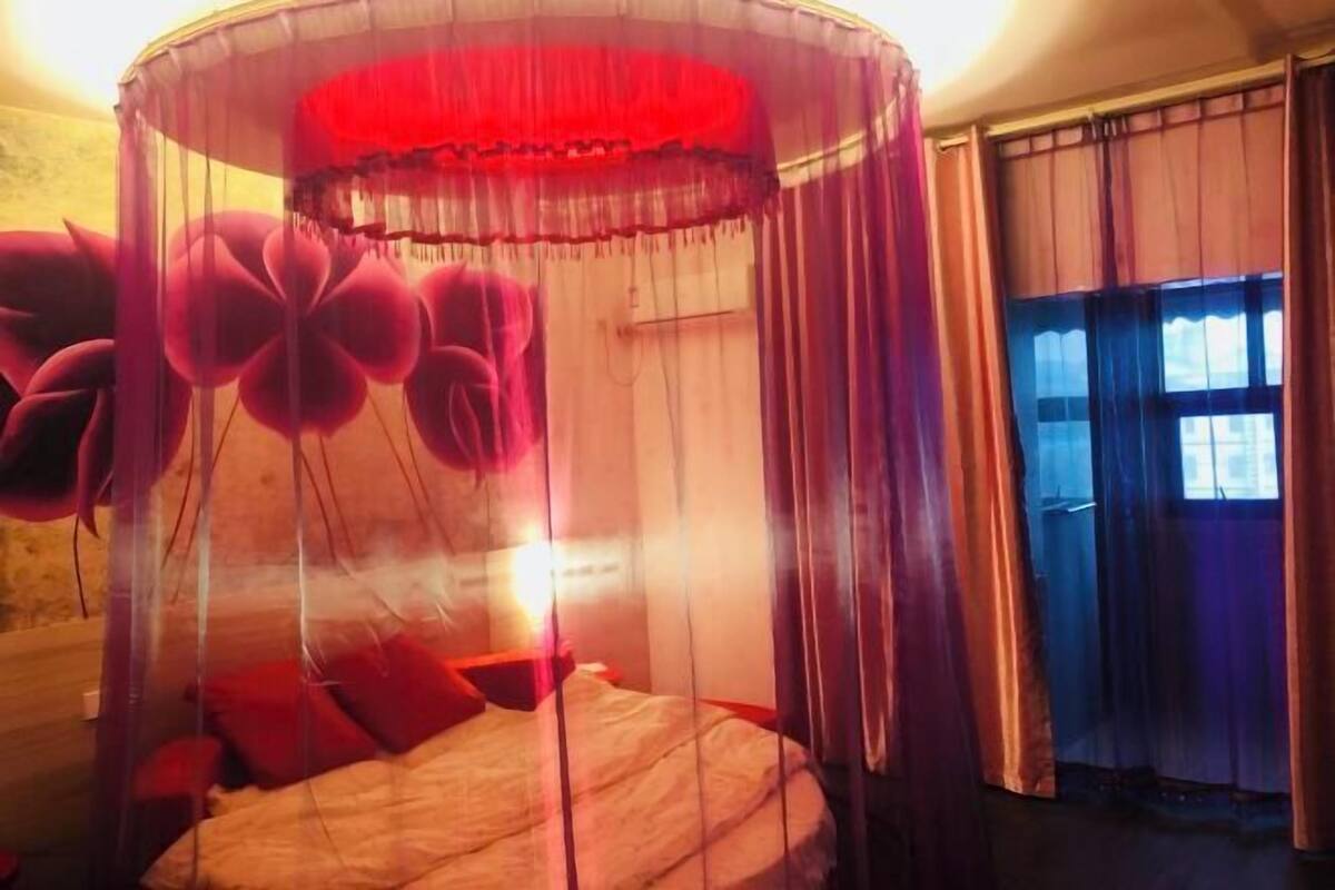 A room with a bed, a canopy, and a window with curtains.