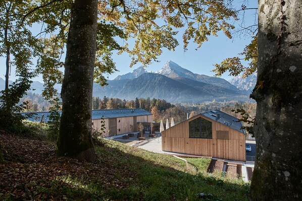 Ein modernes Holzgebäude mit großen Fenstern, umgeben von Bäumen und einem Berg im Hintergrund.