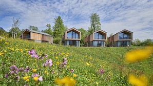 Une maison moderne, dotée d’une façade en bois et de grandes fenêtres, entourée d’un champ de fleurs sauvages et d’arbres.