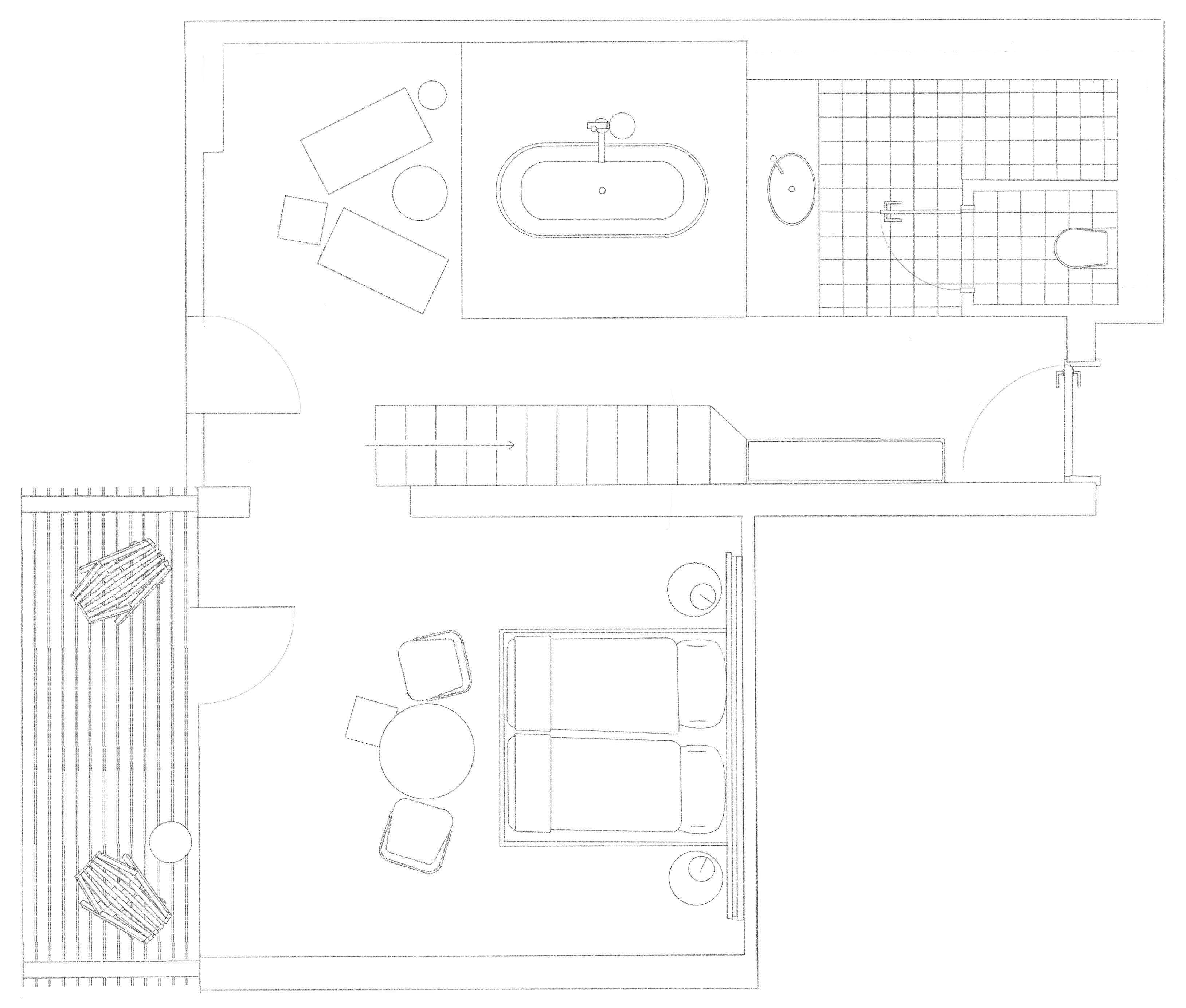 A floor plan with a bathroom, a kitchen, and a dining area.