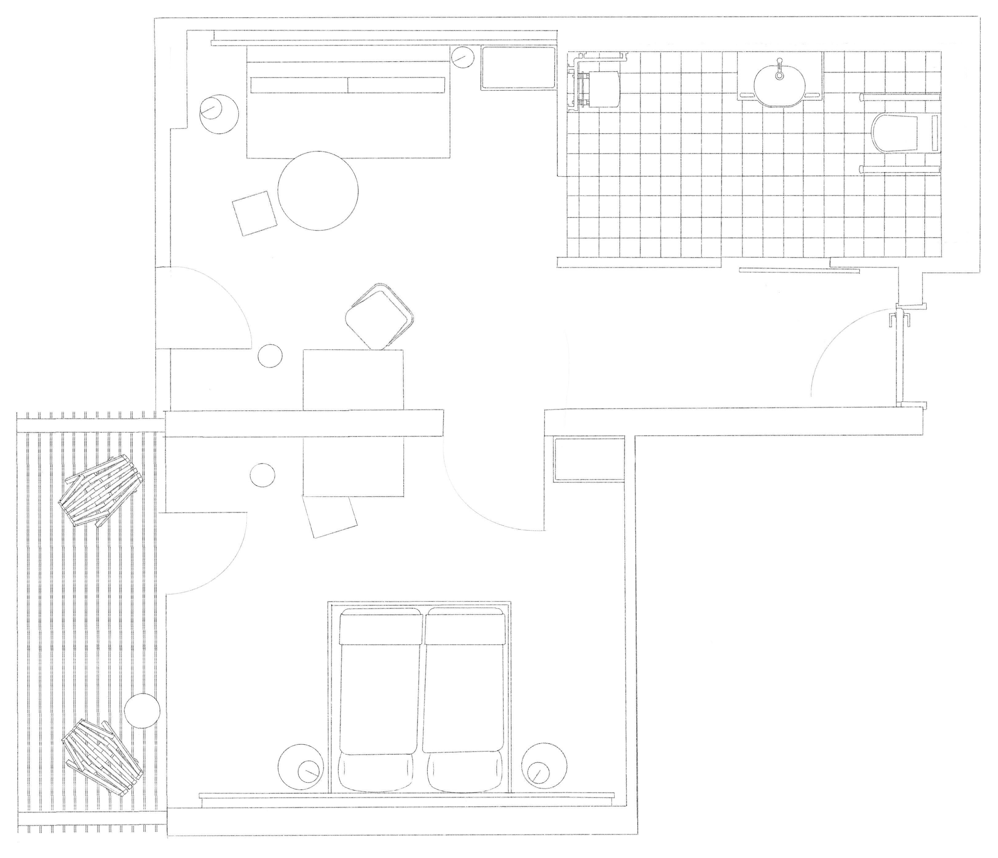A floor plan with a kitchen, bathroom, and a seating area with a pool.