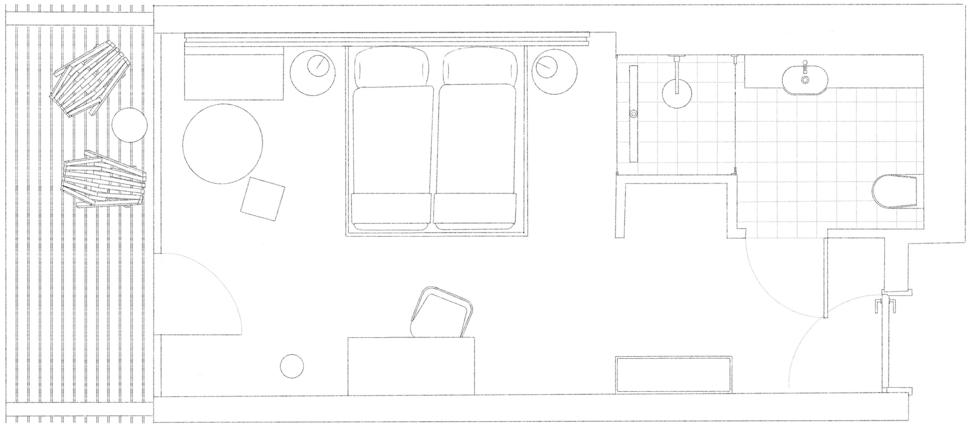 A room layout with a bed, a desk, a chair, a window, and a bathroom with a sink and toilet.
