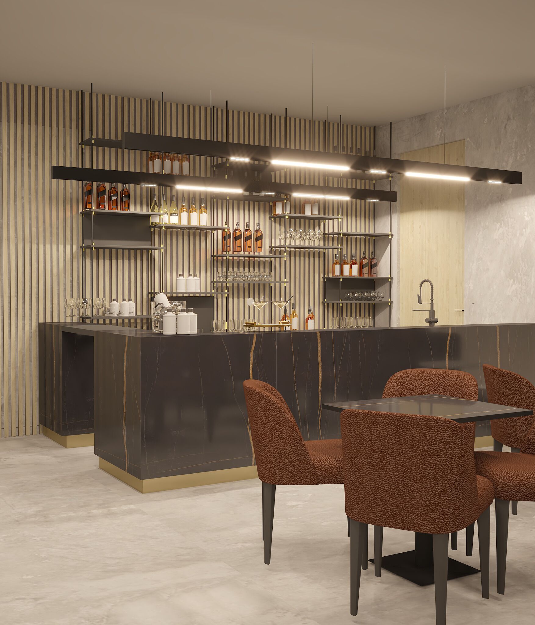 Una zona de bar moderna con encimera de mármol, estanterías con botellas y vasos, y un área de asientos con sillas estampadas.