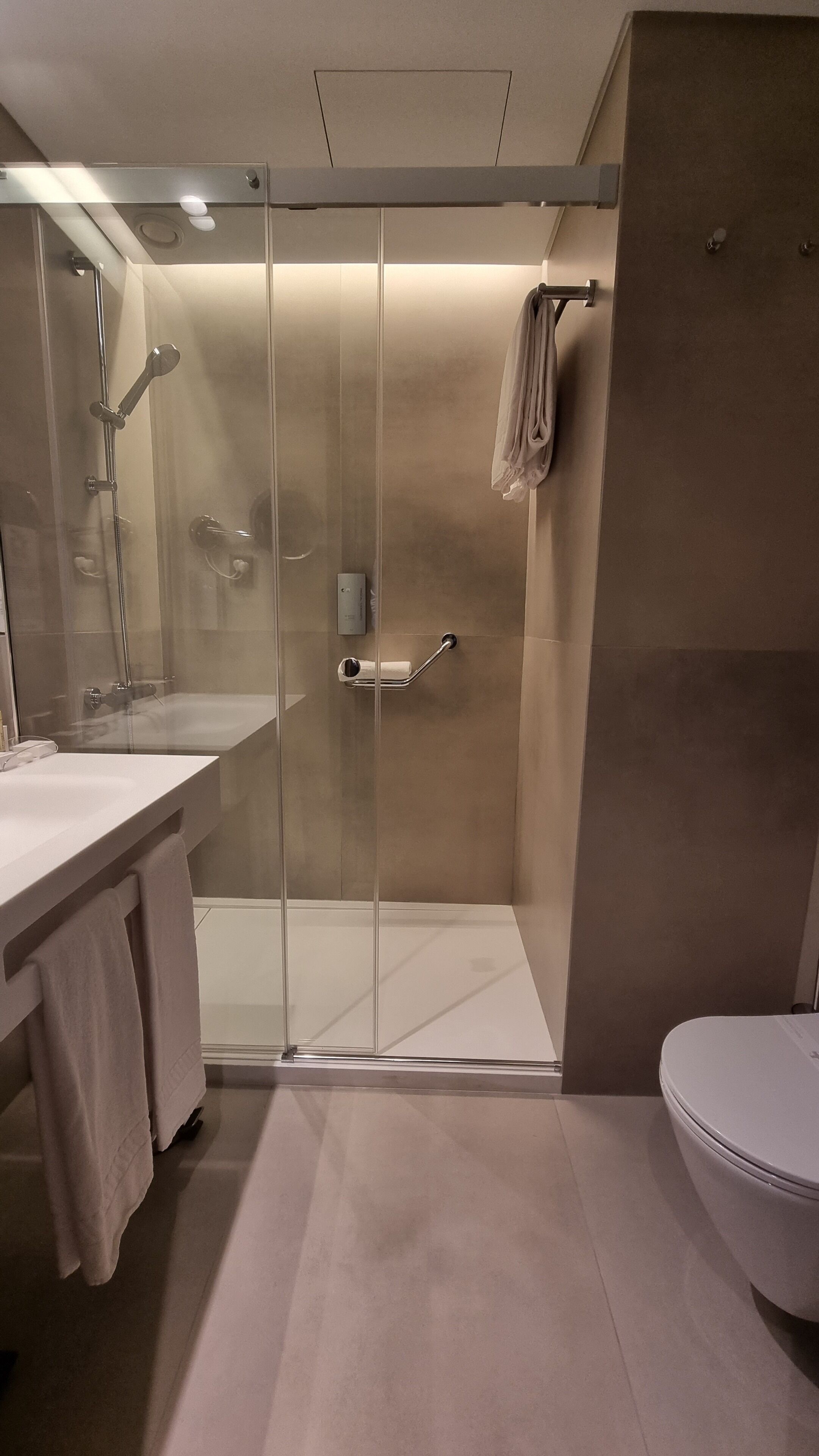A modern bathroom with a glass-enclosed shower, a white toilet, and a sink with a towel rack.