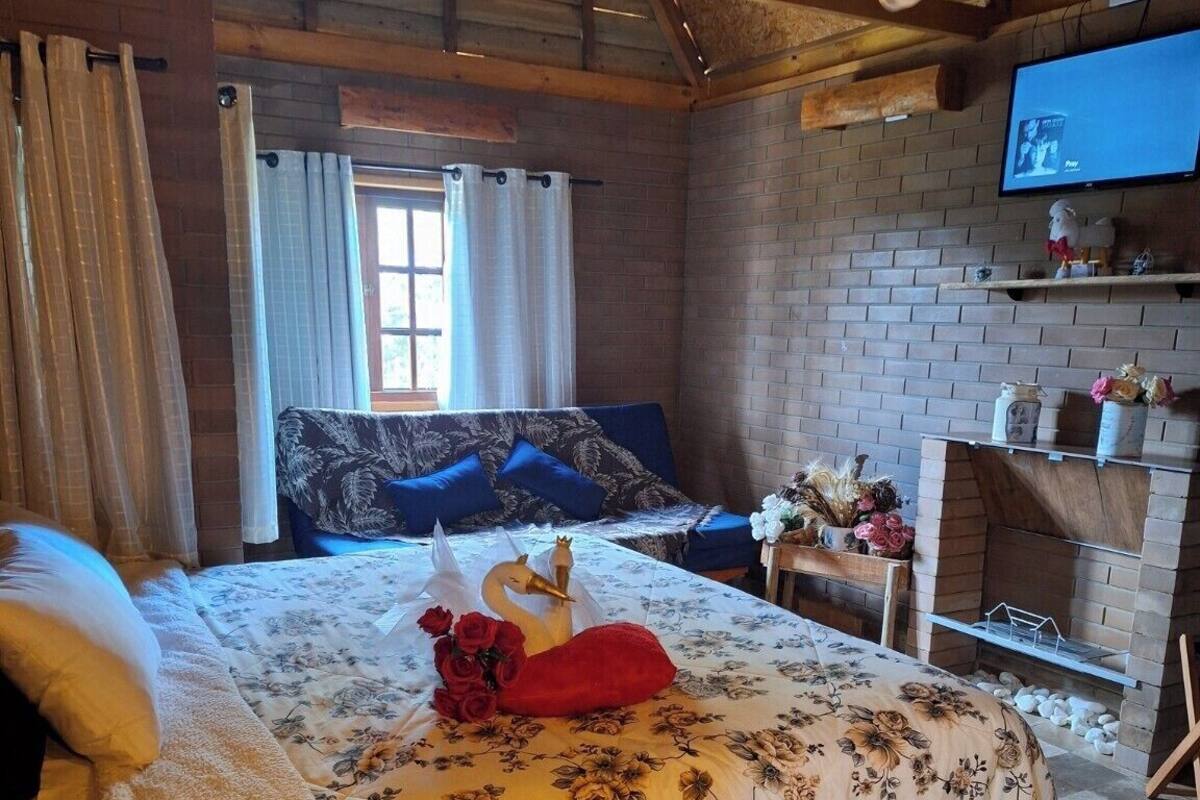 Une chambre confortable avec un lit, une cheminée, une télévision et une fenêtre avec des rideaux.