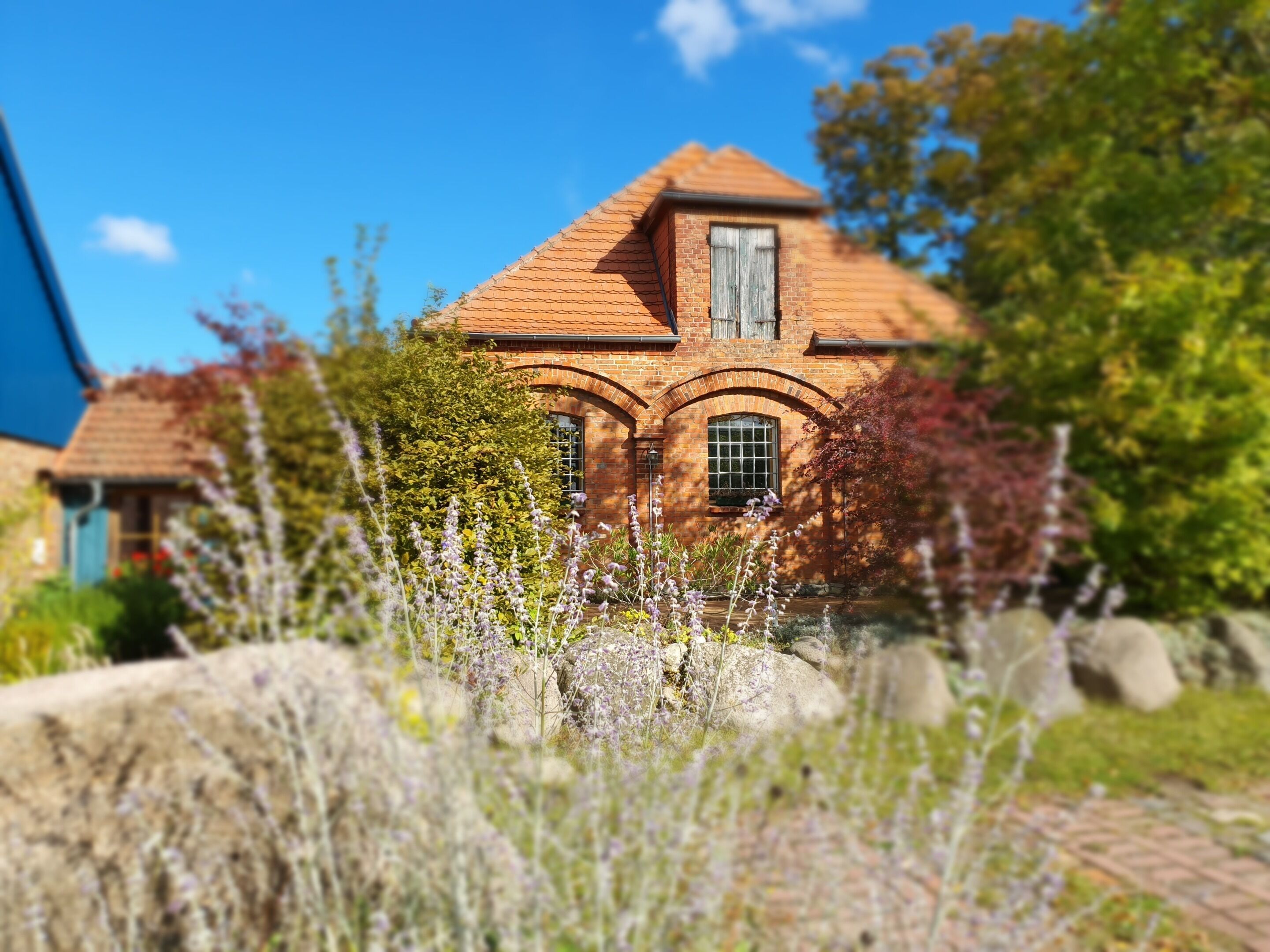 Une maison en briques avec un toit à deux versants et des fenêtres en arc de cercle, entourée d’une végétation luxuriante et de plantes à fleurs.