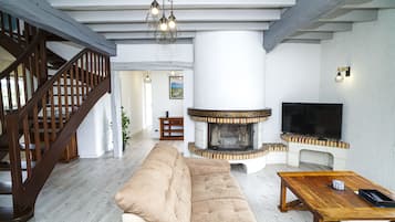 TV connectée, cheminée, livres