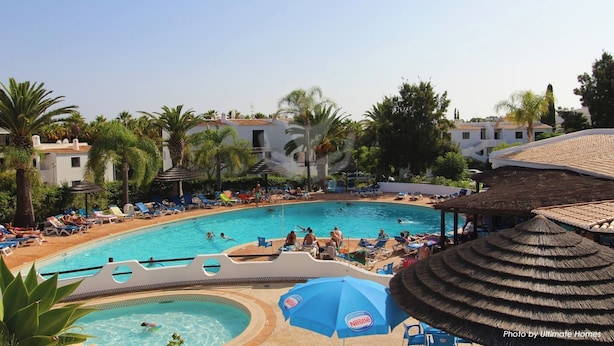 Ein Swimmingpool mit Liegestühlen und Sonnenschirmen, umgeben von Palmen und Gebäuden.