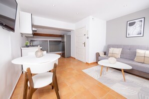A compact living space with a kitchen, dining area, and a sofa.