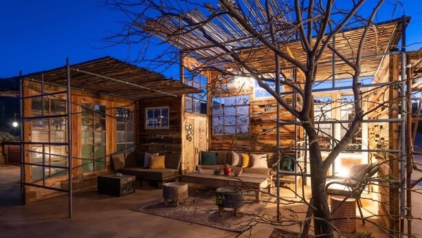 A modern, open-plan living area with a large tree, wooden furniture, and a glass partition.