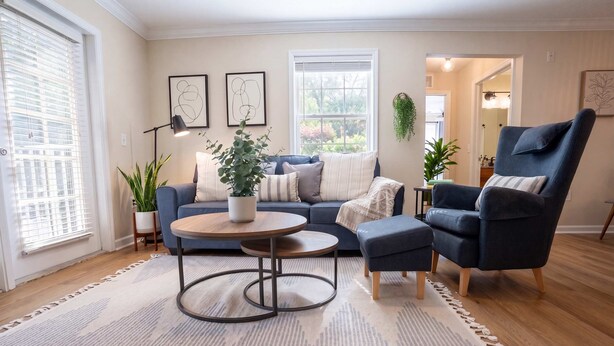 Un salon avec un canapé, un fauteuil, une table basse et des plantes en pot.