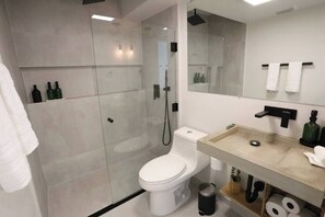 Regadera, secadora de cabello, toallas, jabón 