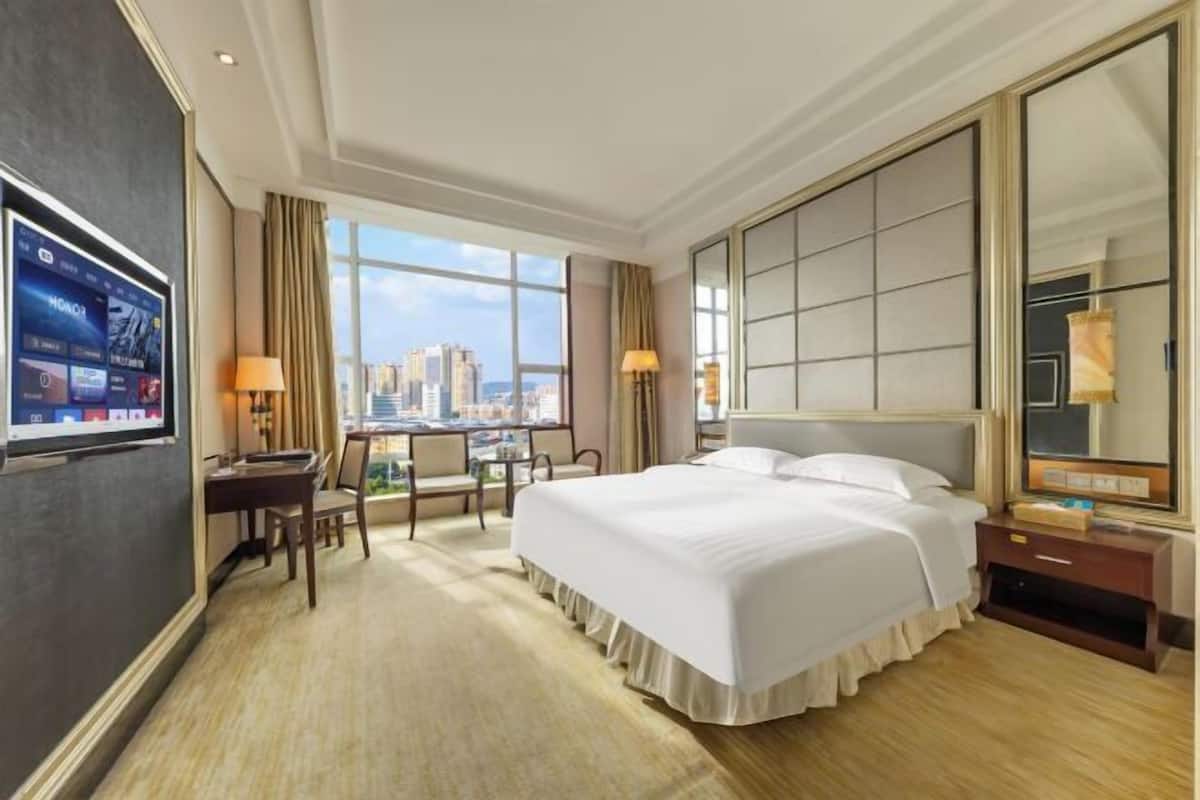 A hotel room with a large bed, a desk, a chair, a TV, and a city view.
