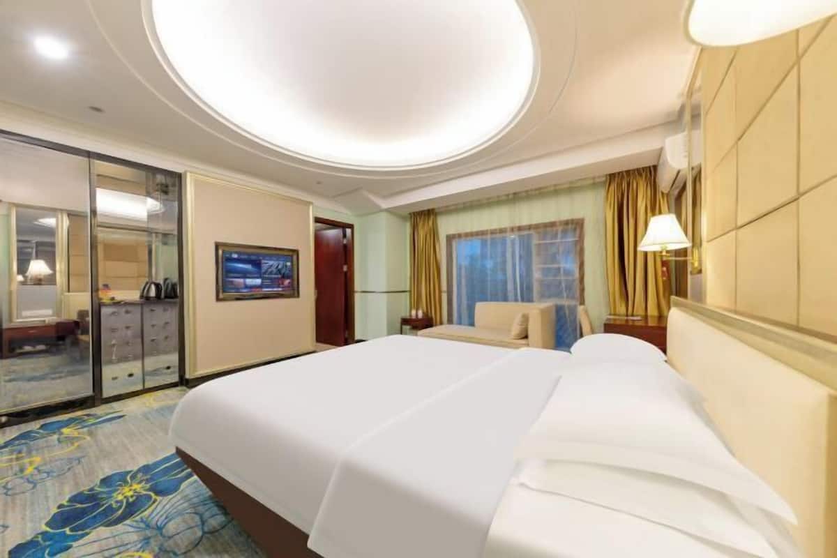 A hotel room with a large bed, a mirror, a television, and a window with curtains.