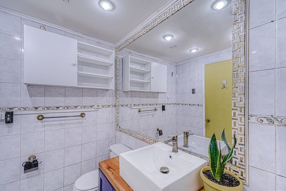 Une salle de bain moderne avec un lavabo blanc, un miroir et une plante en pot.