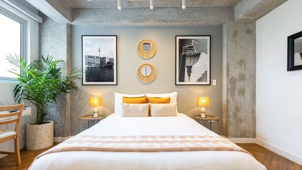 Una habitación de hotel moderna con una cama grande, dos lámparas de noche, una planta en maceta y dos cuadros en la pared.