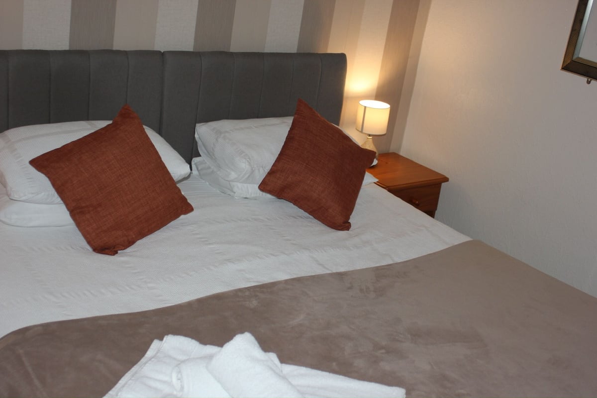 A neatly made bed with two pillows, a bedside lamp, and a wooden nightstand.