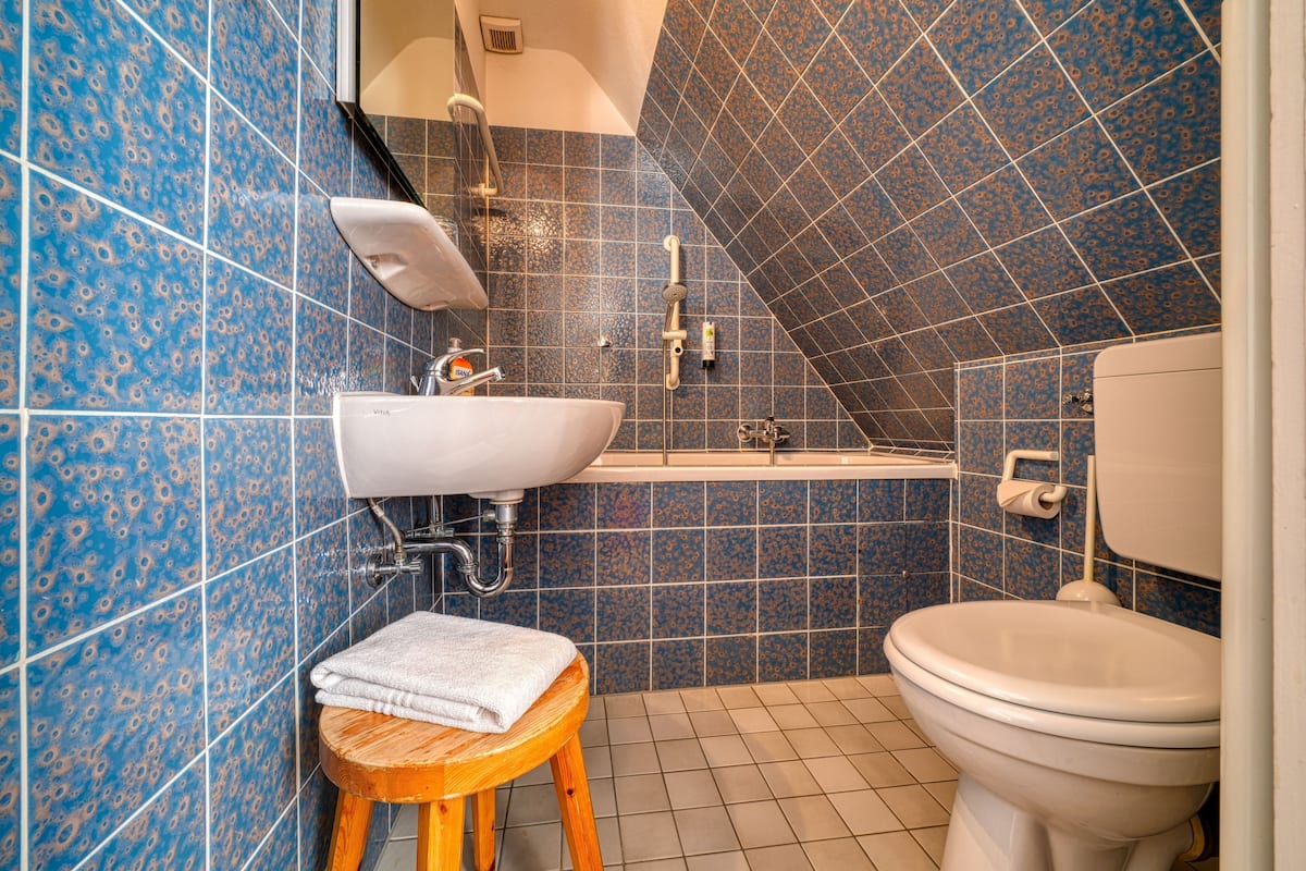 Bathroom | Hair dryer, towels, soap, toilet paper