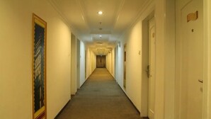 Un largo pasillo de hotel estrecho con puertas a ambos lados, suelo alfombrado y un cuadro en la pared izquierda.