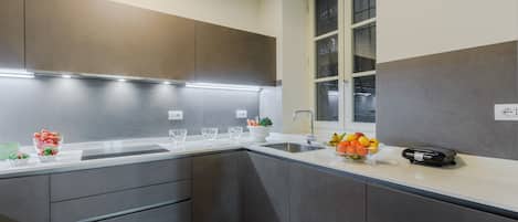 Fridge, microwave, oven, dishwasher