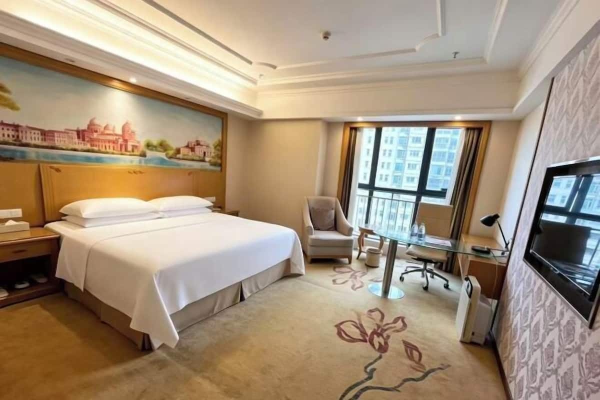 A hotel room with a large bed, a desk, a chair, a TV, and a window with a view of buildings.