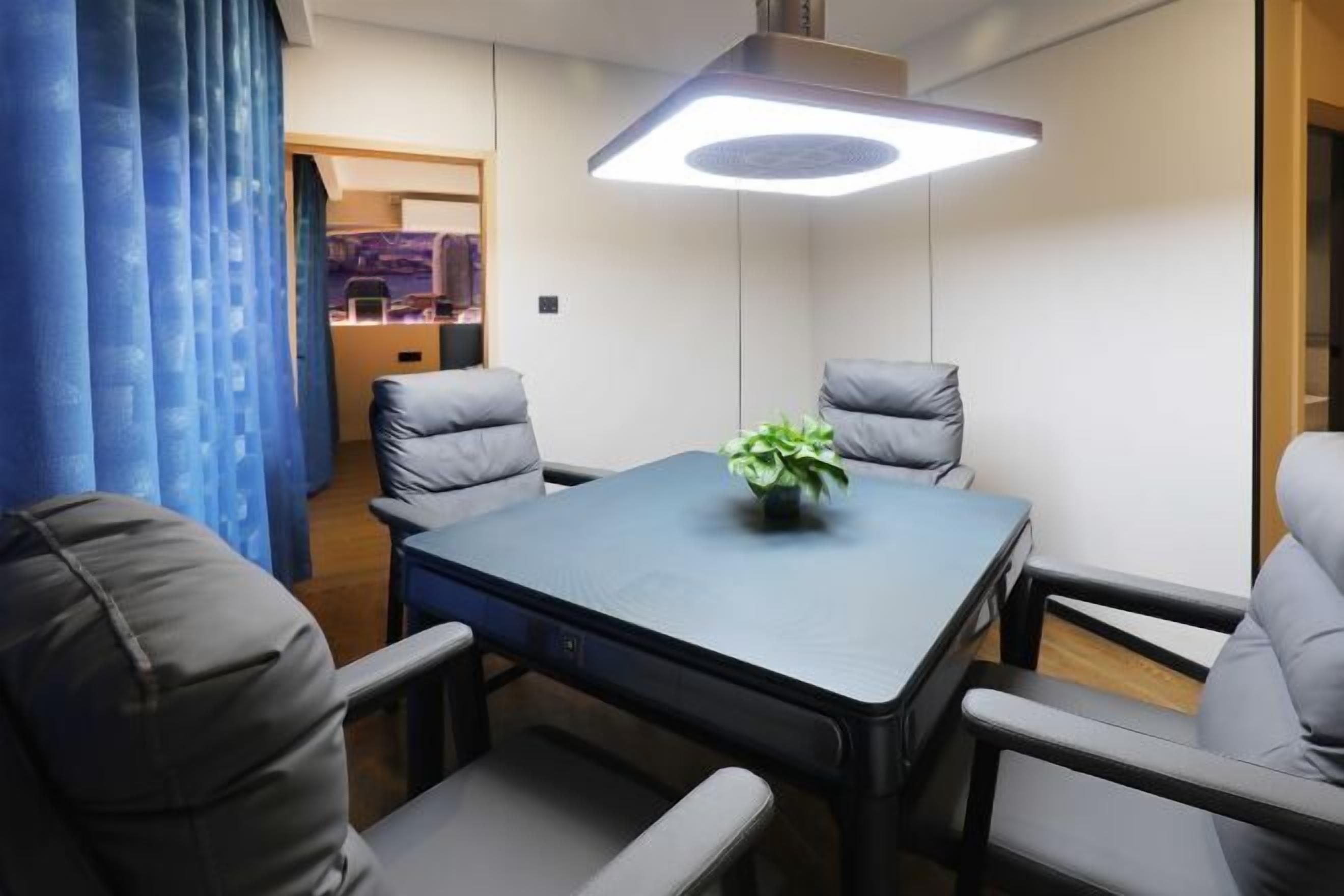 A conference room with a table, four chairs, a potted plant, and a ceiling light fixture.