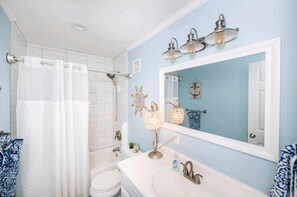 Hair dryer, towels, soap, toilet paper