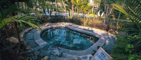 A hot tub surrounded by lush greenery and a sign with text.