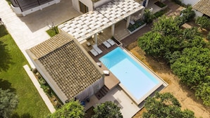 A modern house with a swimming pool, a covered patio, and a well-maintained garden. - Villa with Pool in sicily (Marsala)