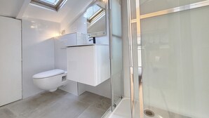 A modern bathroom with a skylight, a toilet, a glass shower enclosure, and a white sink area.