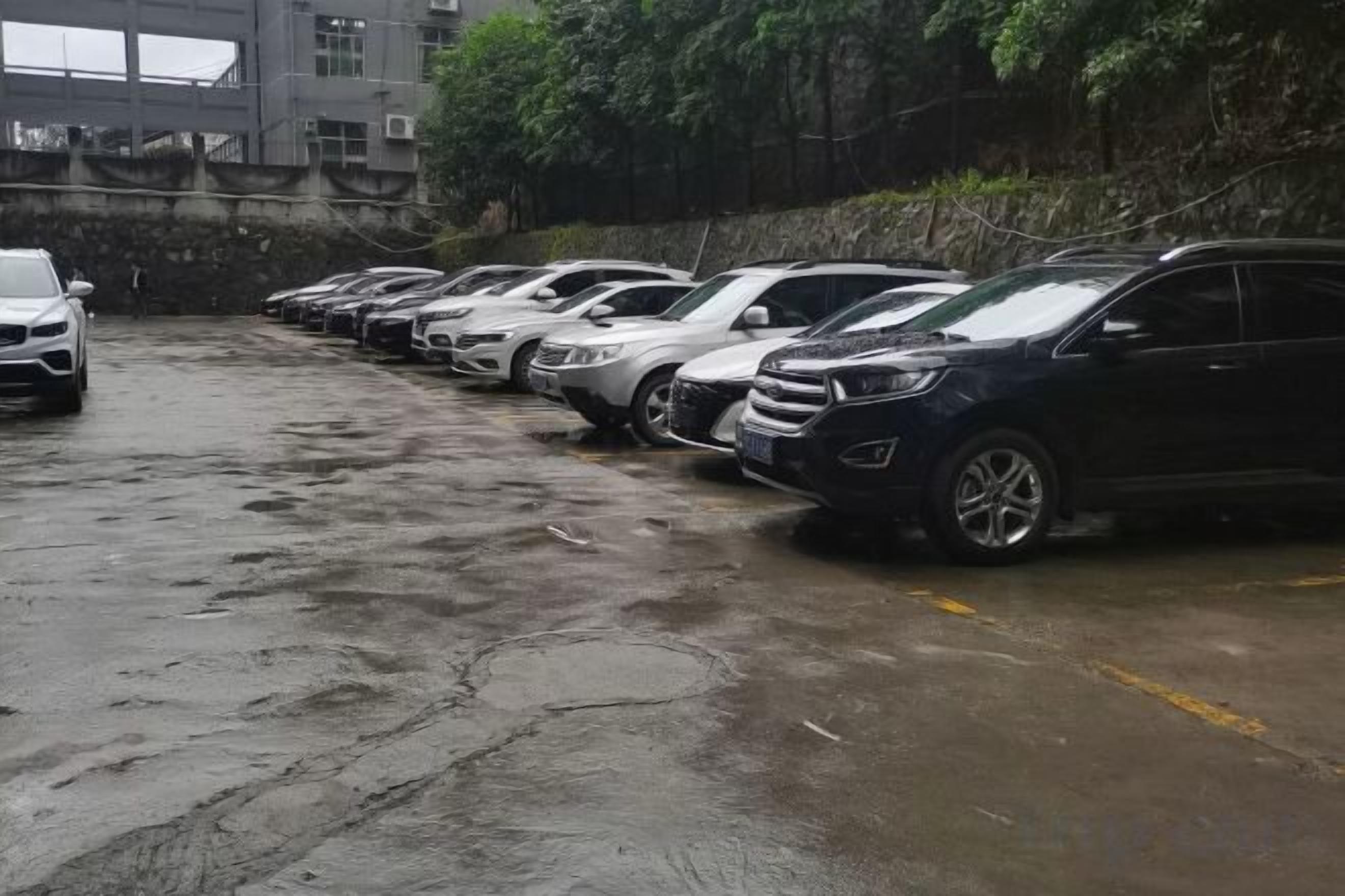 Fila de carros estacionados em um estacionamento com superfície molhada, indicando chuva recente.