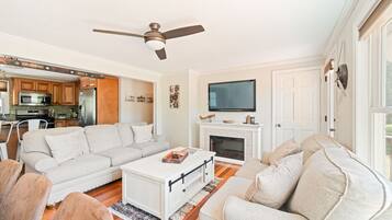 Smart TV, fireplace, video games, DVD player