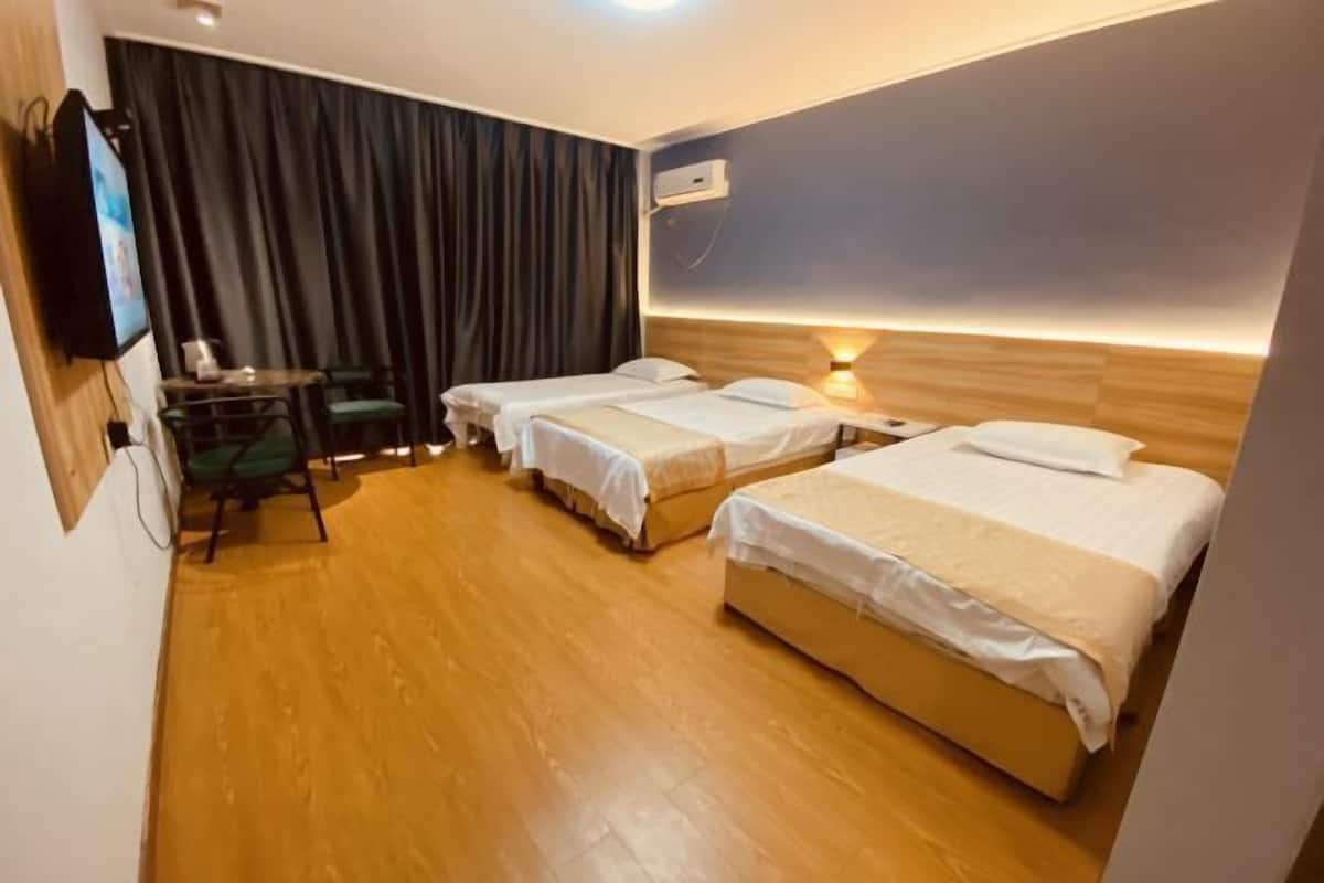 Una habitación de hotel con dos camas, un escritorio, una silla, un televisor y una cortina.