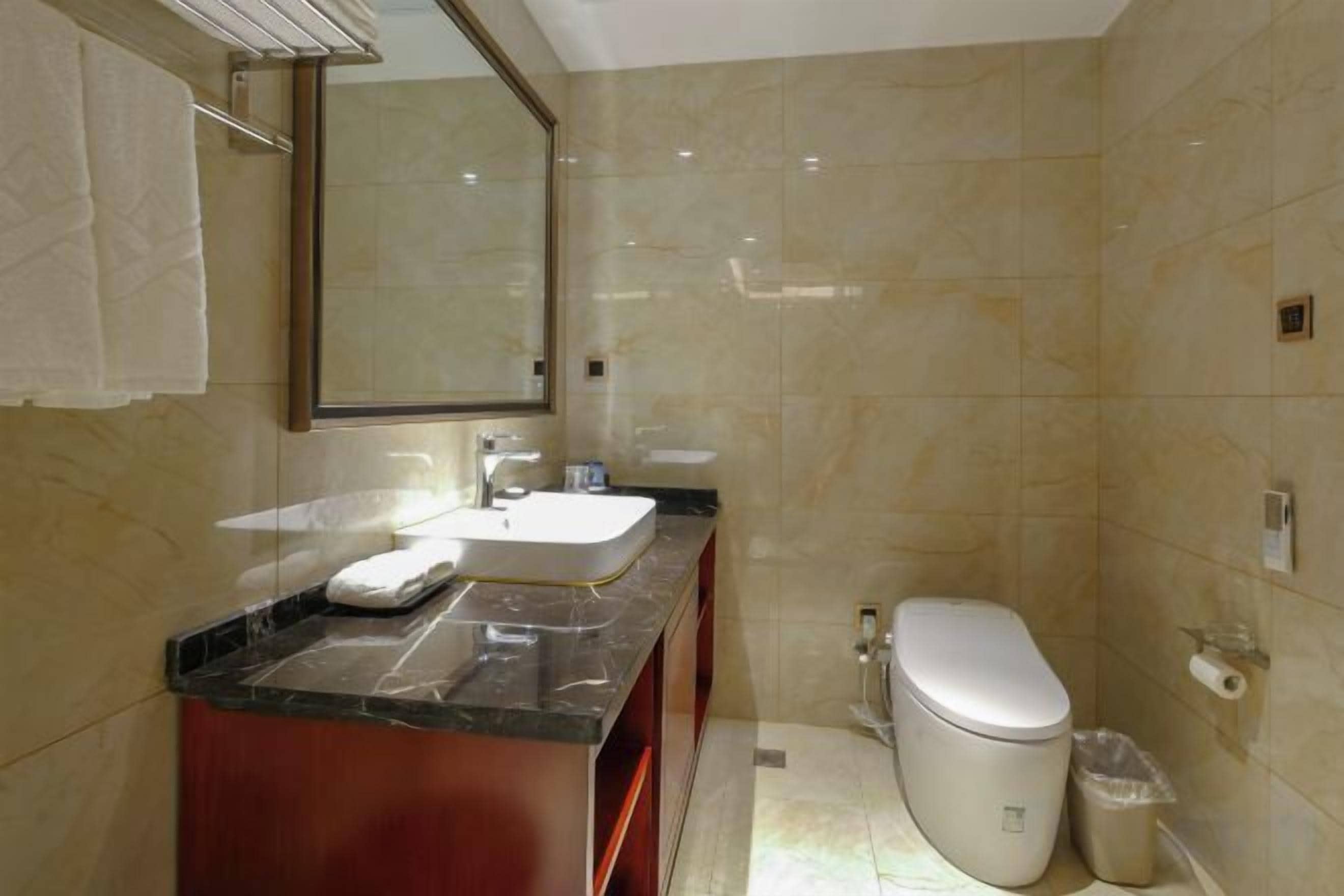 Une salle de bain avec un lavabo en marbre, des toilettes et un miroir.