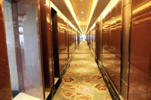 Un pasillo de hotel con paredes espejadas y una alfombra estampada.