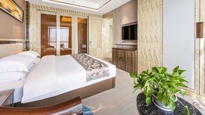 A modern hotel room with a bed, a TV, a plant, and a large mirror. - Xiliang Hotel (Wuwei)