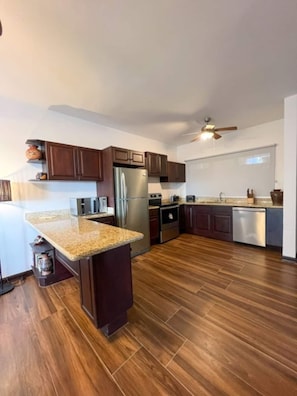 Fridge, microwave, oven, stovetop