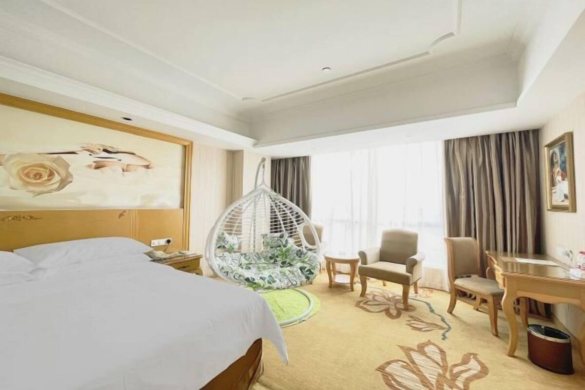 A hotel room with a bed, a hanging chair, a desk, and a chair.