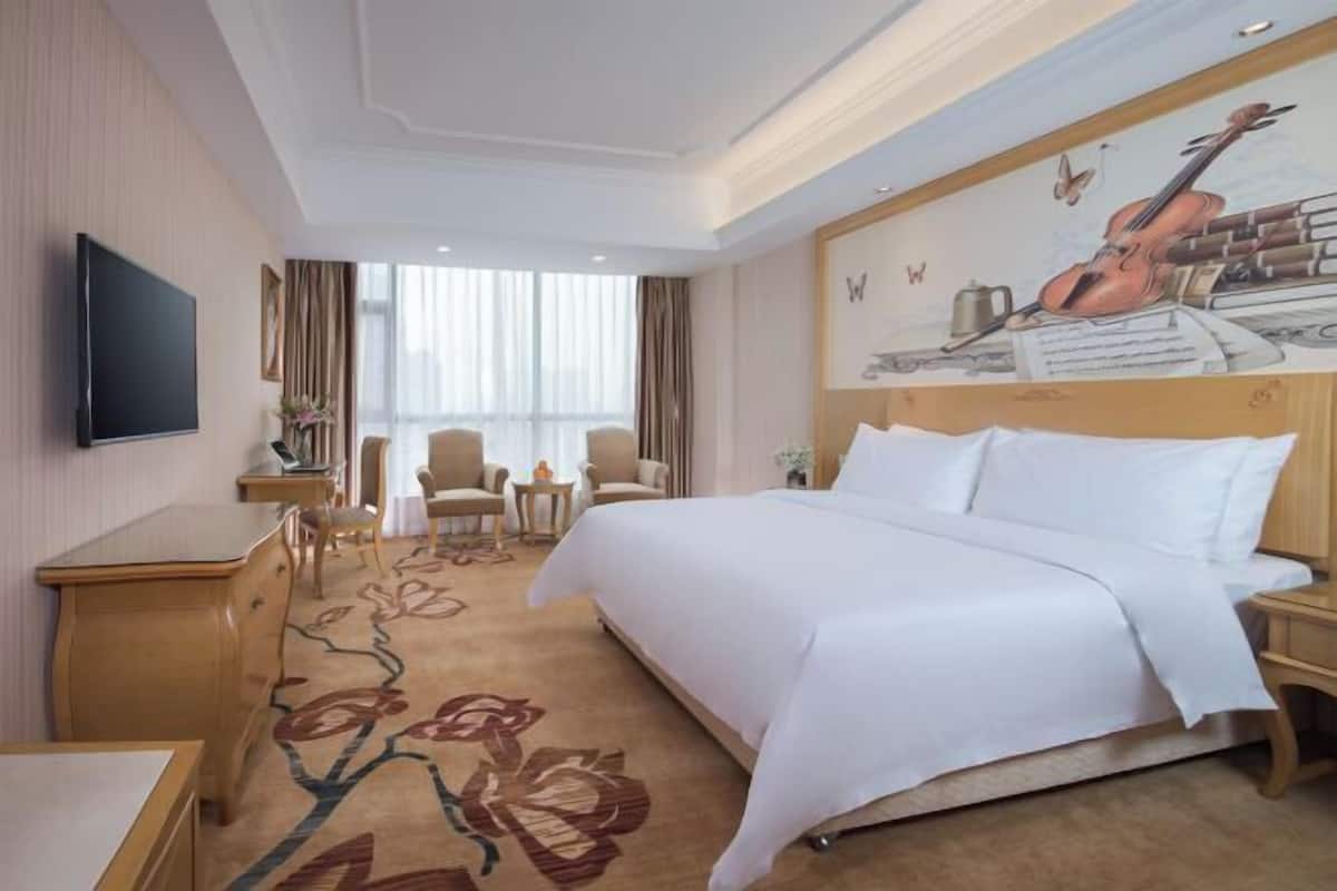 A hotel room with a bed, a desk, a TV, a window with curtains, and a wall mural.